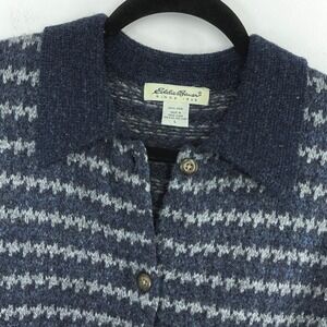 Vintage Eddie Bauer 100% Wool Cardigan Sweater Men's Large Blue Fair Isle Knit